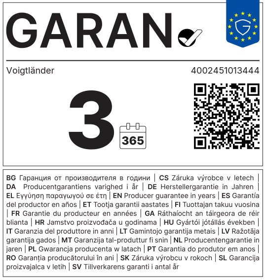 GARAN – producer guarantee 3 years, Voigtländer 4002451013444