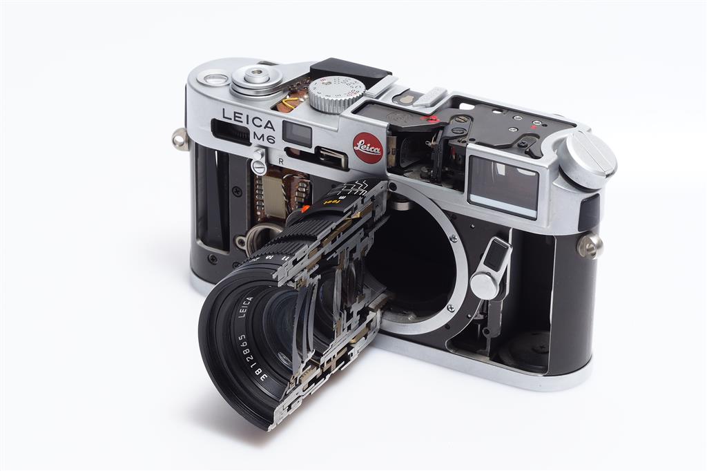 Chrome Leica M6 cut-away model from top front perspective